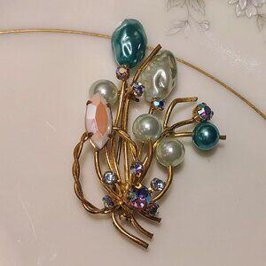 Vintage Made In Austria Spray Brooch Floral Faux Pearl Teal Blue AB Rhinestone